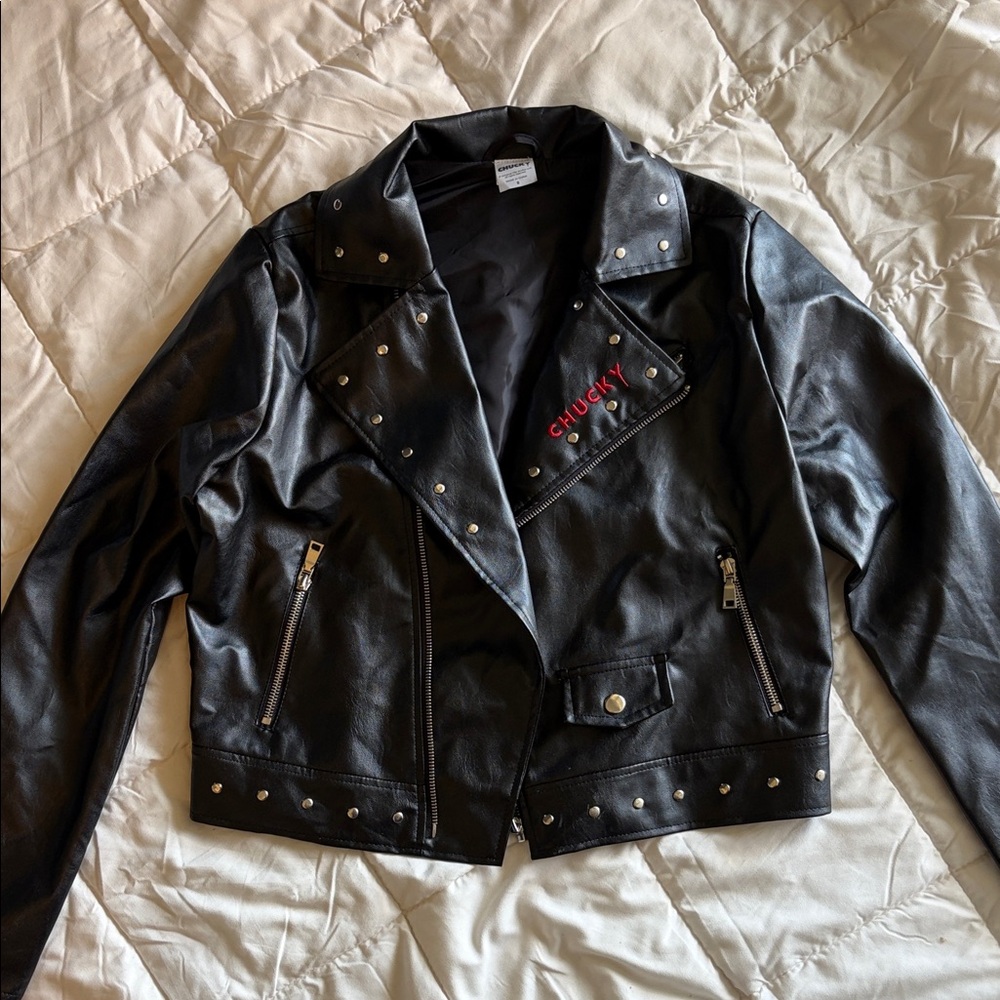 Black Studded Faux Leather Moto Jacket - "CHUCKY" Embroidery